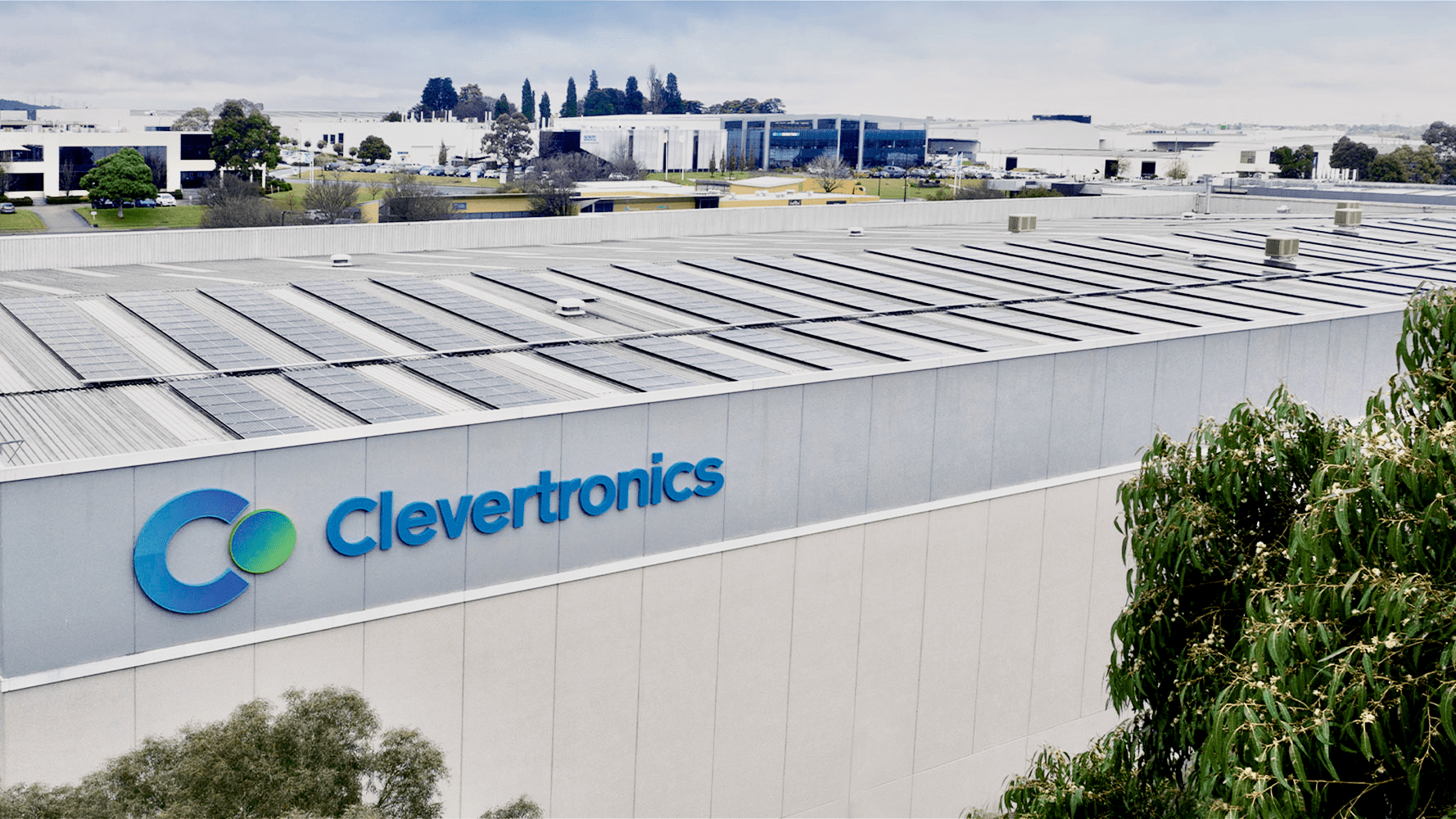 Clevertronics building rooftop featuring energy-efficient solar panels