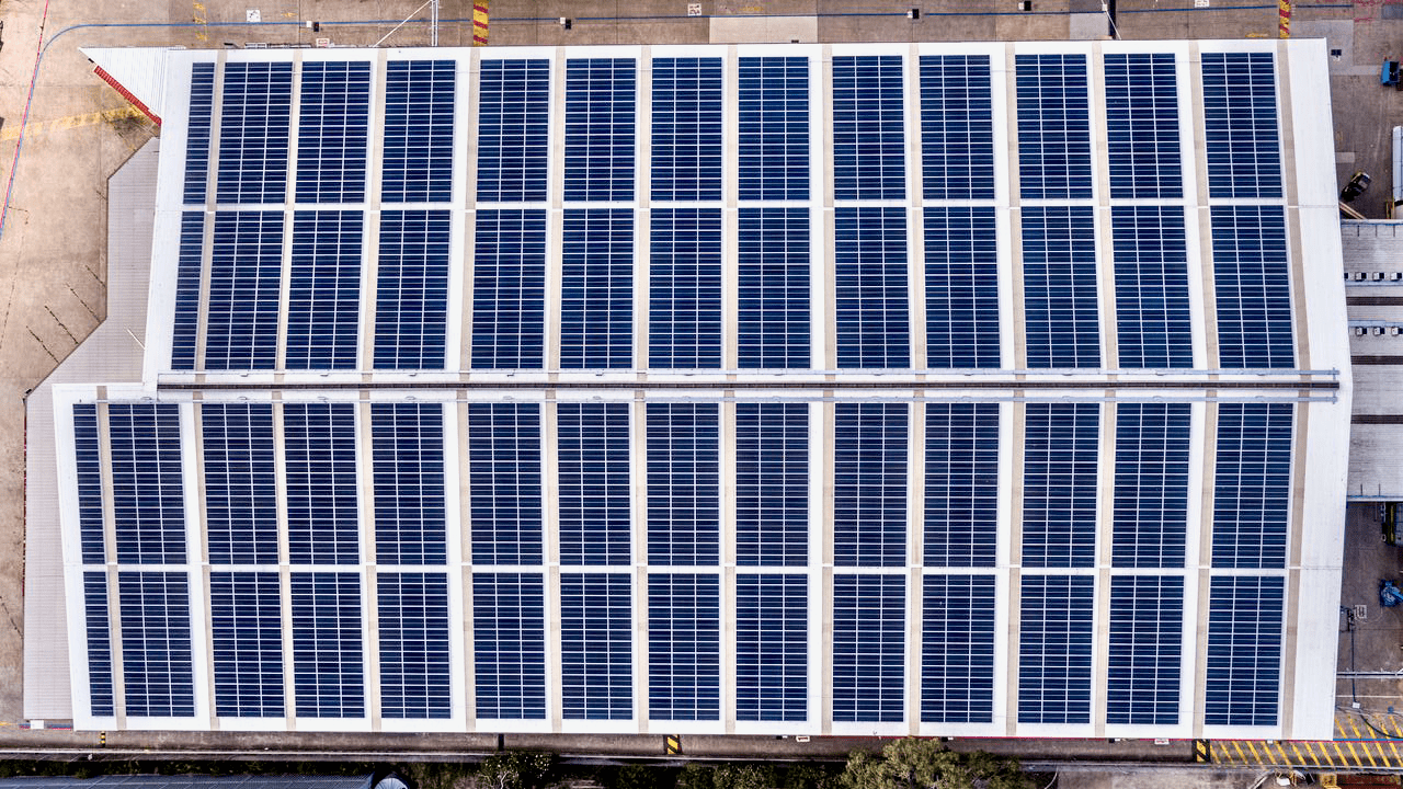 Aerial view of rooftop solar for Hunter Douglas