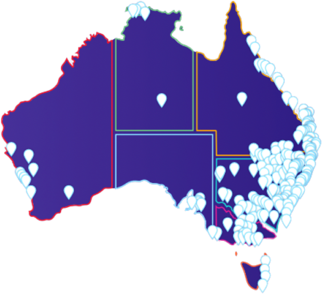 Map of Australia showcasing key project locations pinpointed on the map