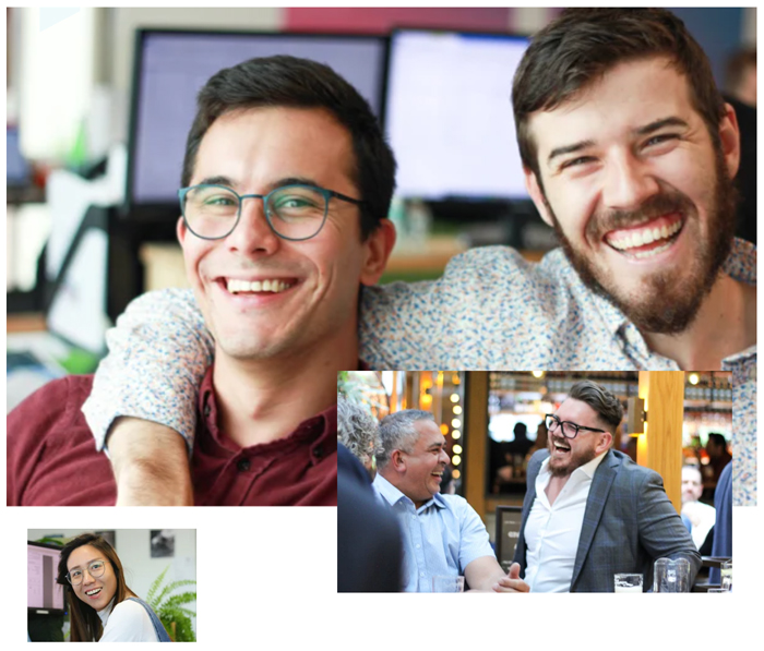 A vibrant team collage featuring happy members, expressing genuine joy with smiles and laughter