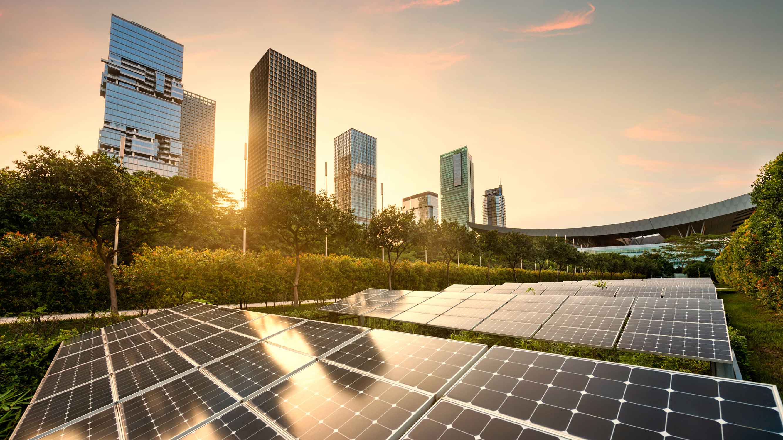 Solar panels generating clean energy in an urban environment